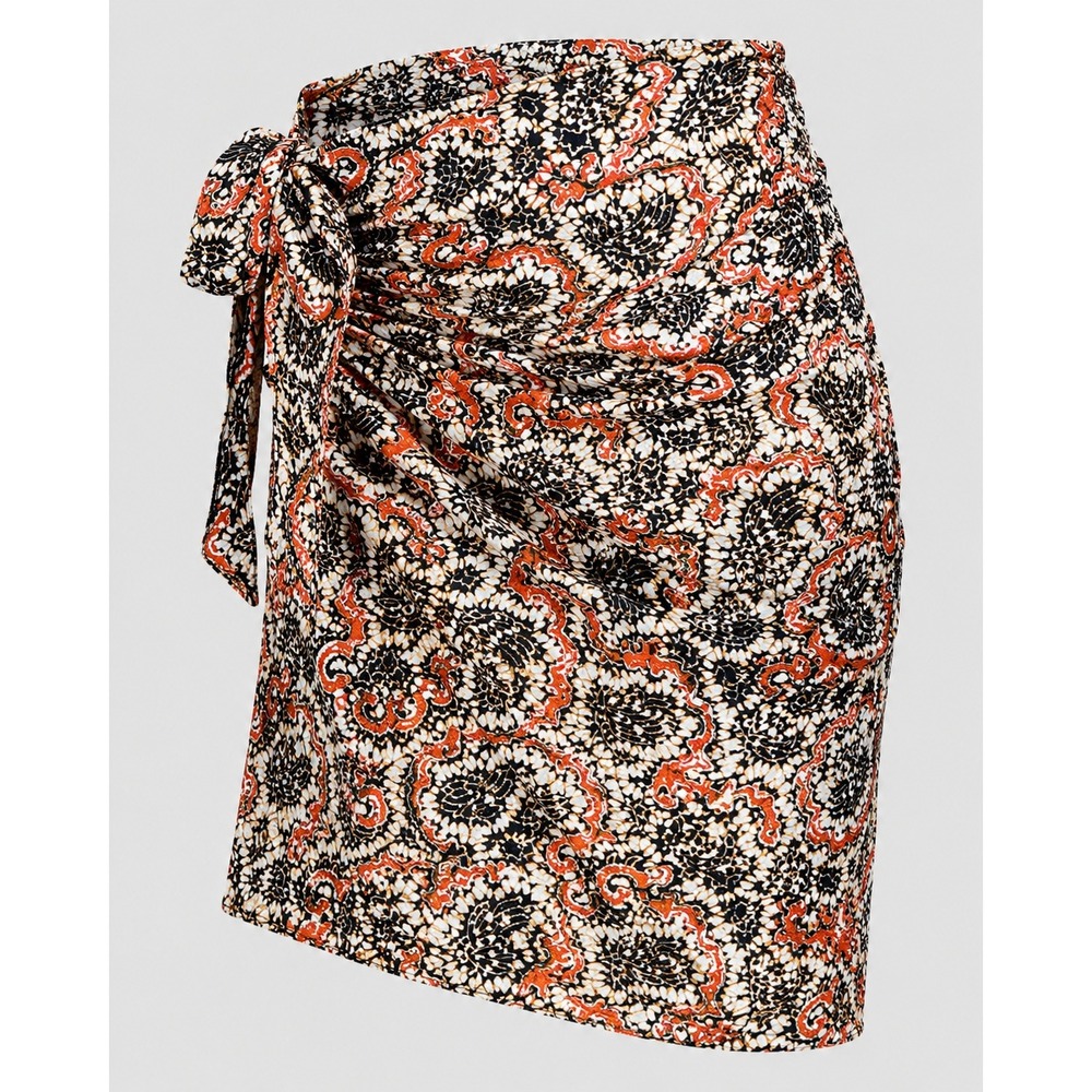 Unbranded Orange Black White Batik Print Wrap Skirt Adjustable Tie Waist Knee L